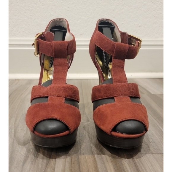 Michael Kors Burgundy Suede T Strap Platform Sandals - Picture 4 of 13